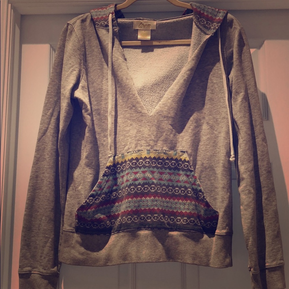 Grey pullover boho hoodie Pom Pom size small